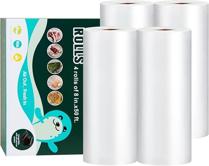 Happy Seal Vacuum Sealer Bags 8" x 50' 4 Pack for Food Saver, Rolls for Custom Fit Airtight Food Storage, Meal Prep or Sous Vide, Commercial Grade Vacuum Seal Freezer Bags
