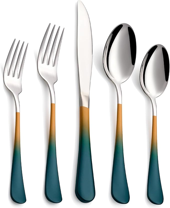 20-Piece Green and Orange Silverware Set, 18/0 Stainless Steel Colorful Handle Flatware Set,Service for 4,Modern Cutlery Set Includes Dinner Knives Forks Spoons,Mirror Polished,Dishwasher Safe
