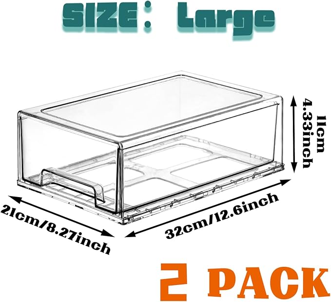 PeJeyiee 2 Pack Clear Stackable Refrigerator Organizers and Storage Drawers - Pull-Out Fridge Bins with Anti-Slip Base & Easy Clean, Plastic Organizers for Kitchen Pantry Cabinet Closet (Large)