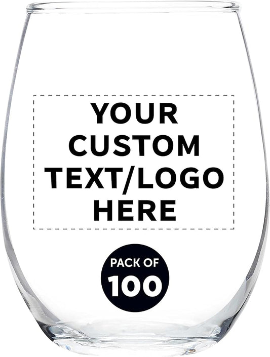 Custom Stemless Wine Glass 9 oz. Set of 100, Personalized Bulk Pack - Great for Wedding Favors, Bachelorette Party Decorations, Party Favors, Color Bottom - Clear