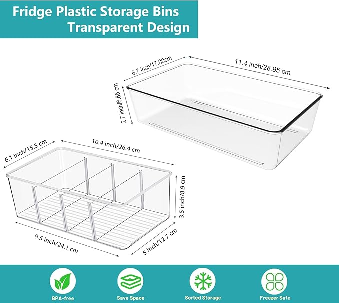 Set of 8 Clear Pantry Organizer Bins,4 Pack Stackable Fridge Organizer And 4 Pack Refrigerator Organizers and Storage with 3 Dividers,BPA-Free Spice Organization for Kitchen Cabinet