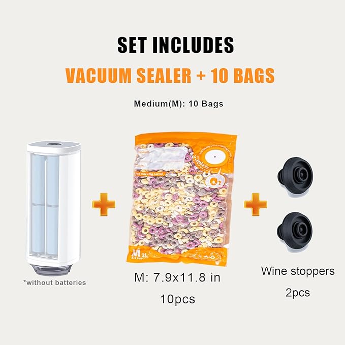 Compact Vacuum Sealer For Food, Handheld Vacuum Sealer Machine with 10 reusable vacuum seal bags(8x12inch), 4 Sealing Clip, 2 Clips for Sous Vide Cooking, 2 vacuum wine stoppers