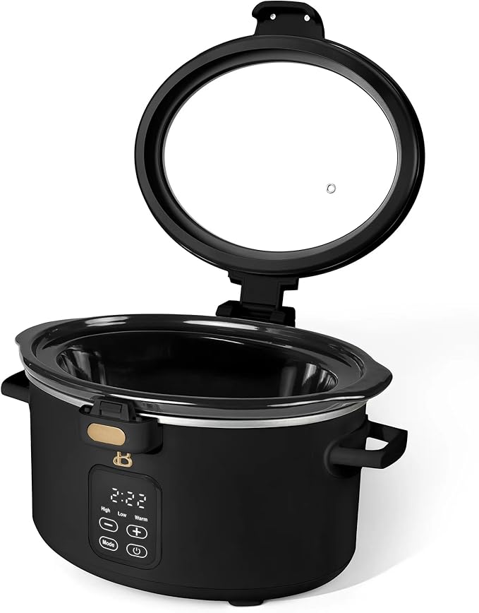 Beautiful 4-Qt Programmable Slow Cooker with Hinged Locking Lid & Touch Display – 3 Heat / 4 Timer Settings (Black Sesame)