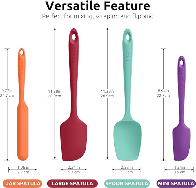 High Heat Resistant Silicone Spatula: U-Taste 600ºF Hot-Proof Food Grade Rubber Kitchen Baking Scraper, Flexible and Sturdy Cooking Utensil for Mixing Scraping in NonStick Cookware (4PCS, Multicolors)