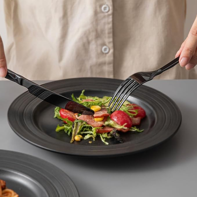 KINGSTONE Black Silverware Set, Luxury 20 Piece Flatware Set for 4, 18/10 Stainless Steel Cutlery Set with Diamond Cut Pattern for Kitchen, Home, Wedding, Party, Mirror Polished and Dishwasher Safe