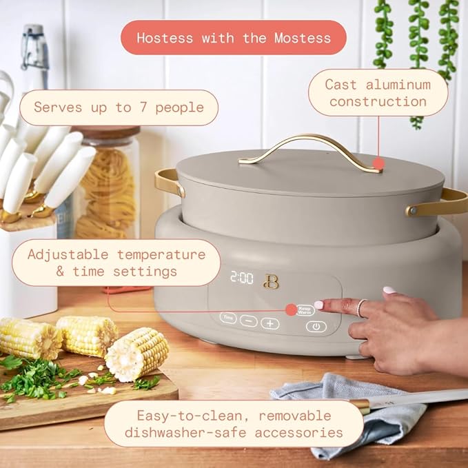 Beautiful 10-in-1 Electric Multi-Cooker by Drew Barrymore, 6-quart, digital display, 10 cooking functions, non-stick pot, easy one-touch control (Porcini Taupe)