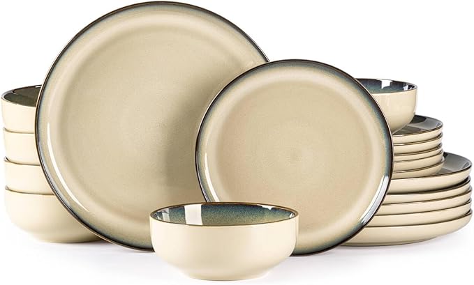 GBHOME Ceramic Dinnerware Sets for 6, 18 Pieces Stoneware Plates and Bowls Sets, Reactive Glaze Dishes -Scratch Resistant, Dishwasher&Microwave Safe,Pale Khaki