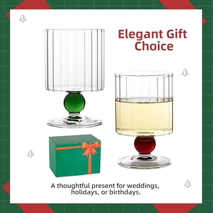 Vintage Wine Glasses Set of 2, 7.1oz Borosilicate Champagne, Whiskey, Juice Glasses, Glassware for Cocktails,Red Wine,Ice Cream, Gift for Couples, Wedding, Anniversary, Dishwasher & Microwave Safe