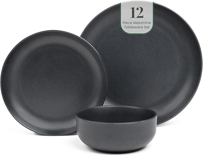 Larder & Vine 12-Piece Melamine Dinnerware Set: Durable, Lightweight, Break-Resistant Plates & Bowls – Stylish, Non-Toxic, Dishwasher Safe – Ideal for Everyday Use, Indoor & Outdoor Dining – Black