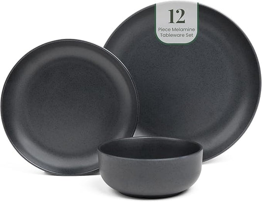 Larder & Vine 12-Piece Melamine Dinnerware Set: Durable, Lightweight, Break-Resistant Plates & Bowls – Stylish, Non-Toxic, Dishwasher Safe – Ideal for Everyday Use, Indoor & Outdoor Dining – Black