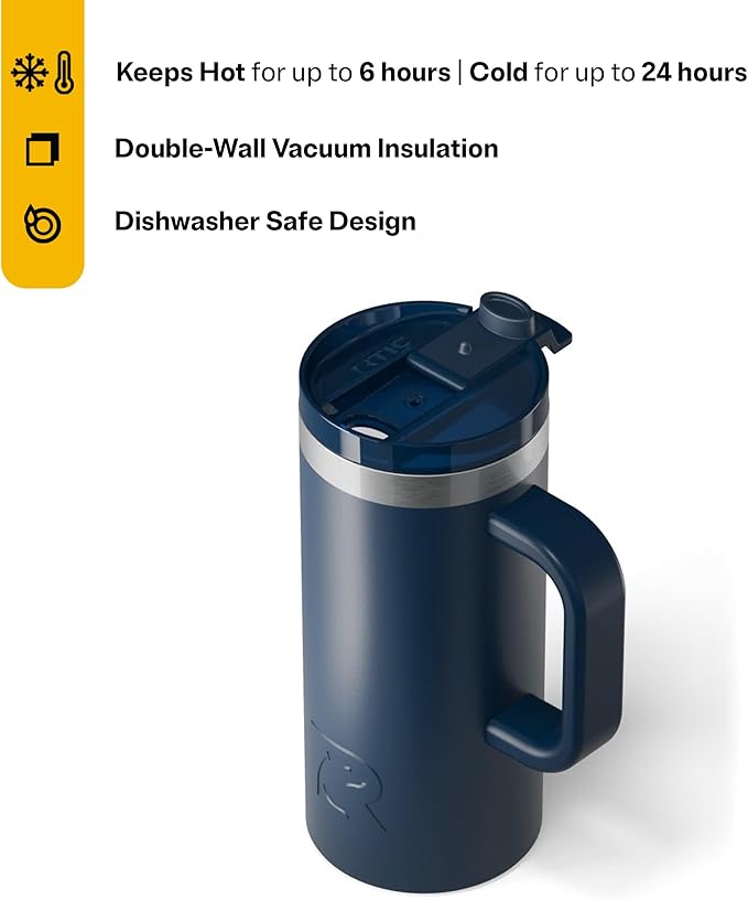 RTIC 16oz Road Trip Travel Mug with Lid and Handle, Ceramic Lined, Insulated, Stainless Steel, Metal, Double Wall Vacuum-Insulation, Portable Coffee, Tea Cup for Hot and Cold Drink, Navy