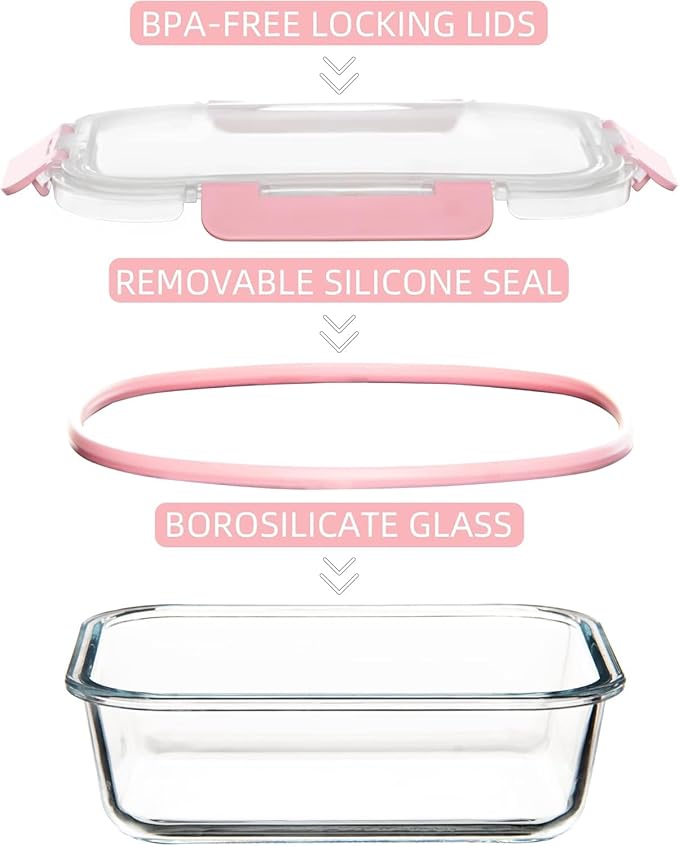 12 Pack Glass Storage Containers with Lids, Glass Meal Prep Containers Set, Airtight Food Storage Containers, Pink