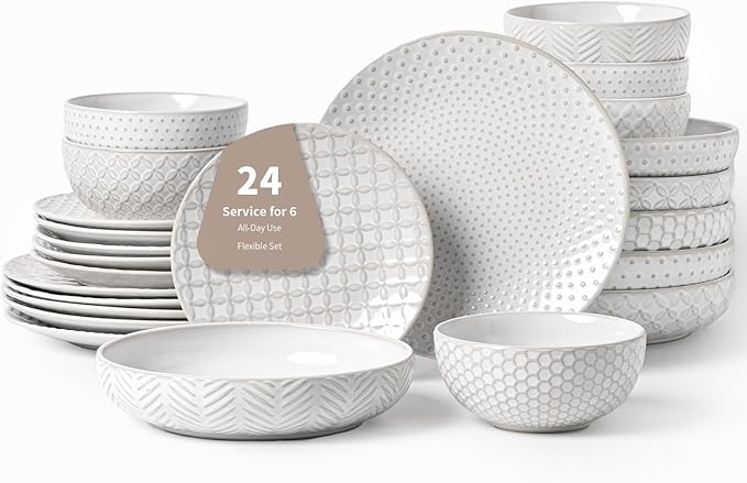 24-Piece Ceramic Dinnerware Set,Large Plates and Bowls Set for 6,Elegant Dish Set for Families & Entertaining–Microwave & Dishwasher Safe Tableware (Double Bowl)