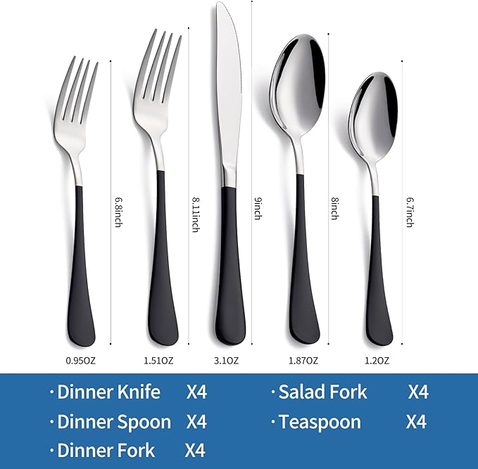 20-Piece Black Silverware Set, 18/0 Stainless Steel Black Handle Flatware Set, Service for 4, Modern Cutlery Set Includes Dinner Knives Forks Spoons, Mirror Polished, Dishwasher Safe