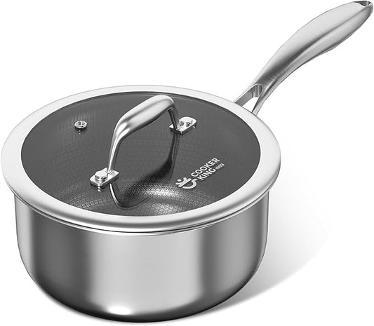 COOKER KING 2 Quart Stainless Steel Saucepan, Nonstick Sauce Pan, Ceramic Suce Pot with Tempered Glass Lid, Induction Pot Compatible with All Cooktops, Dishwasher & Oven Safe(PFAS/PFOA/PTFE Free)