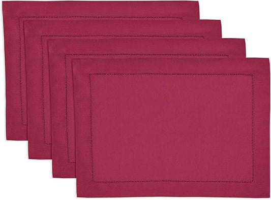 Solino Home Linen Cloth Placemats Set of 4-100% Pure Linen Hemstitch Beet Placemats 14 x 19 Inch - Classic Hemstitch Table Place Mats for Fall, Autumn, Thanksgiving, Christmas, Holiday, Winter