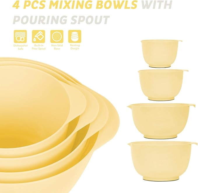 BoxedHome Nesting Plastic Mixing Bowl Set, 4 Piece Mixing Bowl Set with Pour Spouts, Size 1.7, 2.5, 3.5 and 4.5qt, for Prepping, Mixing, Baking, Cooking(2023 New Version, Yellow)