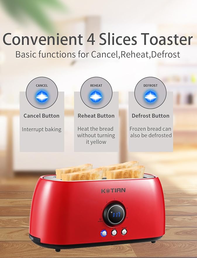 Toaster 4 Slice,KOTIAN Retro Long Slot Toasters with Countdown Timer,Stainless Steel Toaster,Bagel,Defrost,Reheat,Cancel Functions,Extra Wide Slots,6 Toast Settings,Removable Crumbs Tray,Red