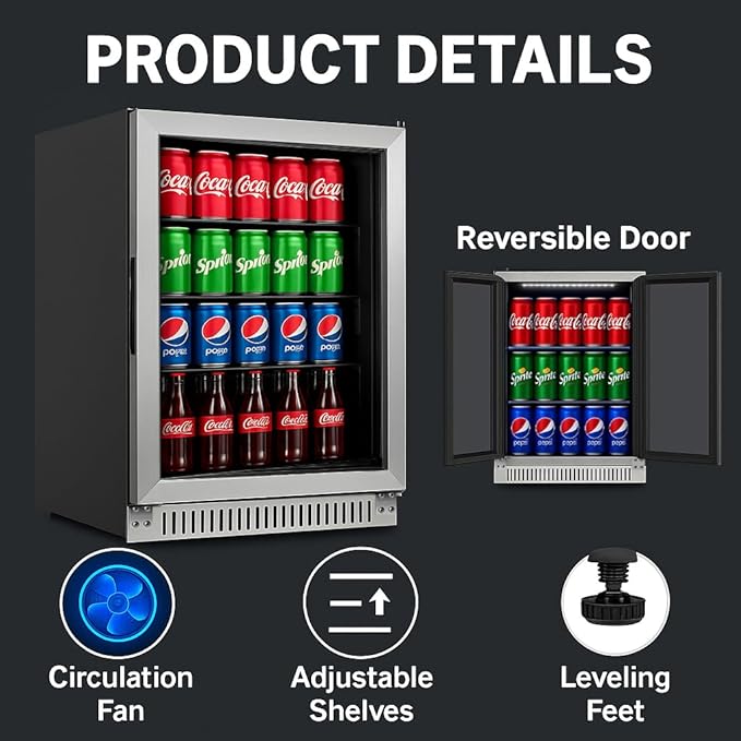 20 Inch Built-in Beverage Refrigerator with 7-Color LED Light, Compact 120 Can Under Counter or Freestanding Stainless Steel Drink Cooler Fridge with Glass Door for Soda & Beer