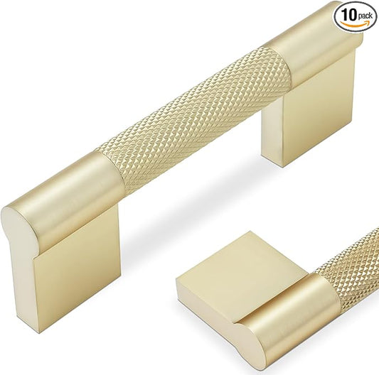 10 Pack 3 inch(76mm) Brushed Brass Kitchen Cabinet Handles Knurled Cabinet Pulls Gold Drawer Pulls Kitchen Hardware