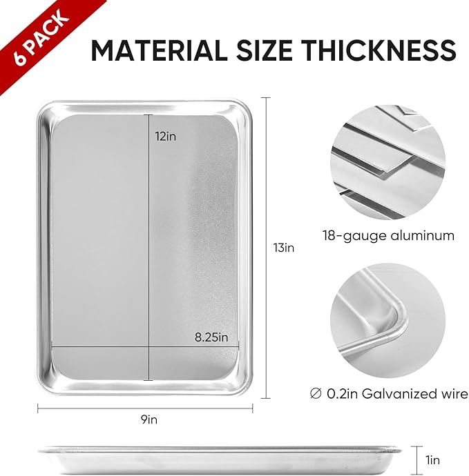 TENUP 6 Pack Aluminum Quarter Sheet Pan, 13" x 9" Heavy Duty Commercial Baking Tray Reinforced Rim, Warp-Resistant Rust-Free