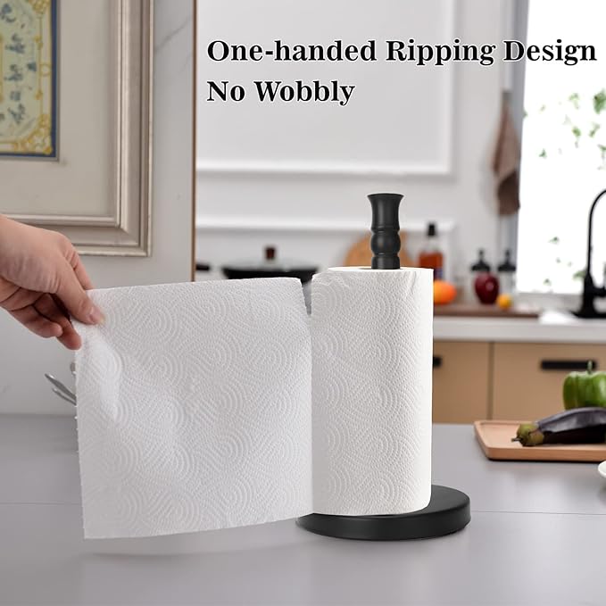 Black Paper Towel Holder Countertop, Stainless Steel Heavy Weighted Base (2LBS in Weight, and 6.7inch in Diameter), Ripping Paper Towel Off One-Handed, No Wobbly (Black Matte)