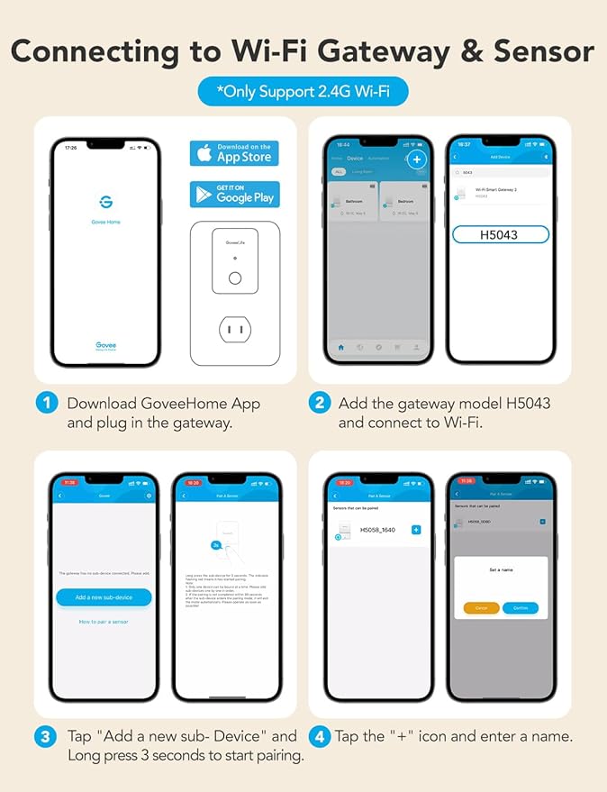 GoveeLife WiFi Water Ieak Detector 2 for Home, Smart Water Ieak Sensor 4 Pack with 100dB Adjustable Alarm and App Alerts, LoRa Up to 1968ft Open-Air Transmission Range for Basement, Kitchen, Bathroom