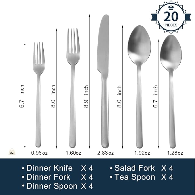 KINGSTONE Silverware Set, 20 Piece Flatware Cutlery Set for 4, 18/10 Stainless Steel Silverware Mirror Polished Dishwasher Safe for Home, Restaurant, Wedding, Party, Matte Silver