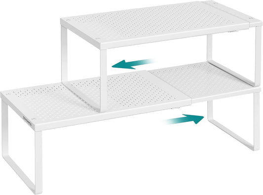 SONGMICS Set of 2 Expandable Pantry Kitchen Organizers, Adjustable Spice Rack, Stackable Cabinet Organizers, Metal, Space-Saving Tabletop Shelves, Matte White UKCS402W01