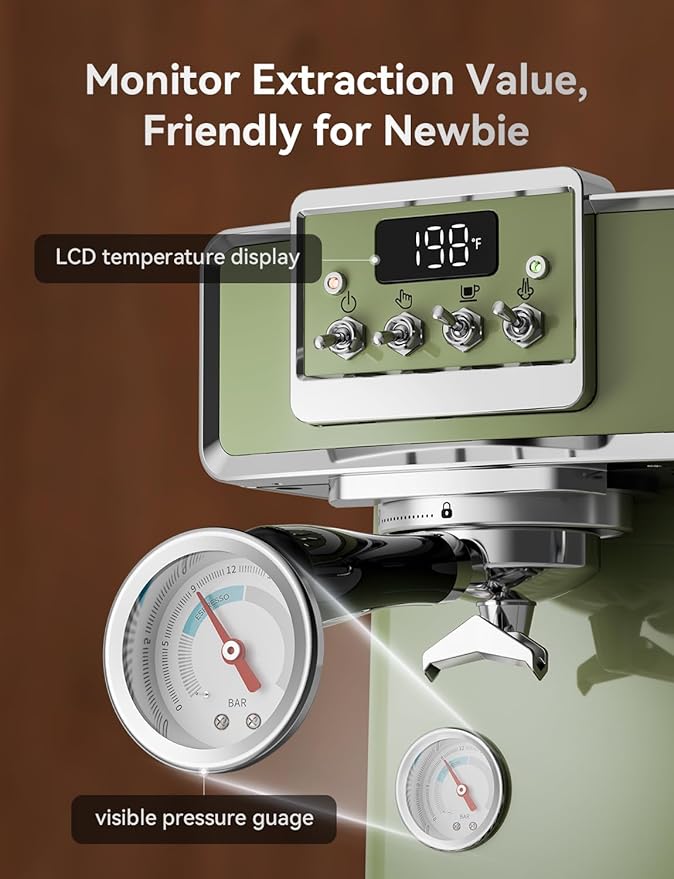 Neretva Espresso Machine, 58mm Professional Espresso Coffee Machine 15 Bar Retro Espresso Maker with Powerful Milk Frother & Visible Pressure Gauge for Home Barista Latte and Cappuccino Maker-Green