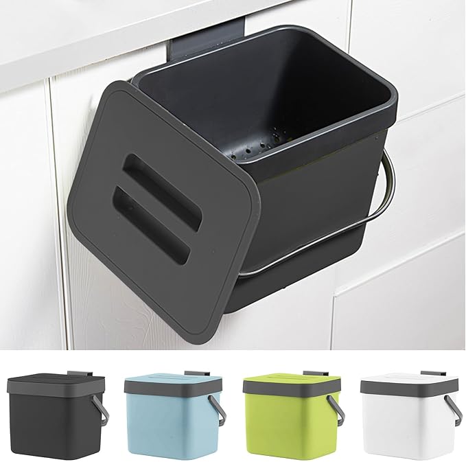 Kitchen Compost Bin, LALASTAR Food Waste Bin for Kitchen, Food Scrap Pail Bucket with Colander, Hanging Trash Can, 1.8 Gallons, Black