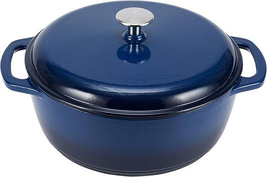 Amazon Basics Cast Iron Dutch Oven Pot with Lid, Enameled, Round, Dual Handles, Heavy-Duty, Small, 7.3-Quart, Navy