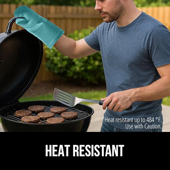 GORILLA GRIP BPA-Free Soft Silicone Oven Mitts, Heat Resistant and Waterproof Cooking Gloves, Thick Cotton Lining, Flexible Gripping for Baking Grilling, Kitchen Potholders Set, 12.5x8.3, Turquoise