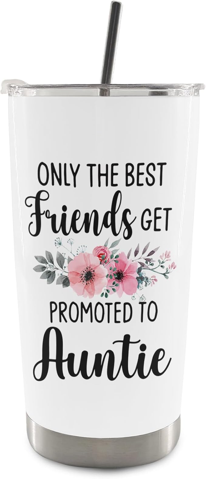 QASHWEY Auntie Gifts Coffee Tumbler 20 oz, Best Aunt Travel Tumbler Coffee Mug Gifts for Friends, Aunt Auntie Gifts from Niece Nephew, Promoted to Auntie Stainless Steel Tumbler with Straw and Lid
