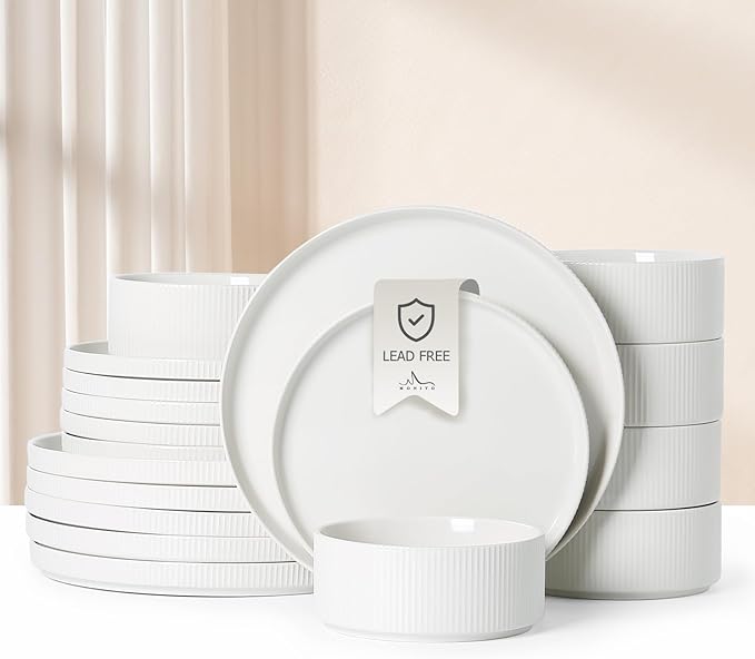MONITO Ceramic Plates and Bowls Sets for 6, 18PCS Stoneware Dinnerware Sets, Reactive Glaze Dish Set, Chip and Scratch Resistant Double, Microwave and Dishwasher Safe,White