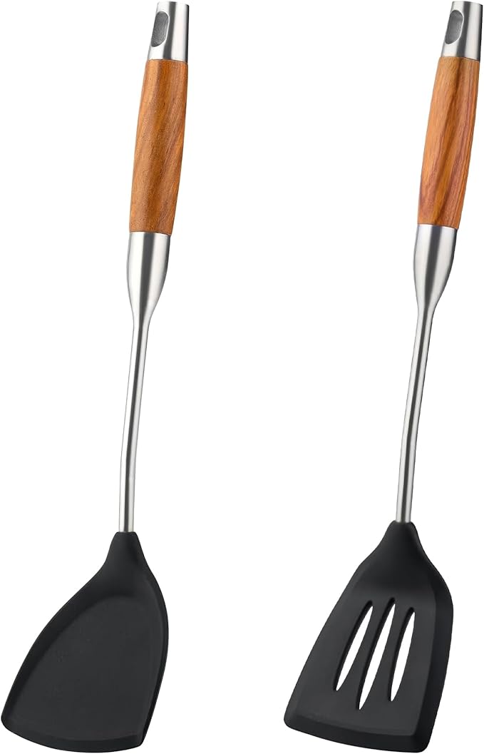 FJNATINH Silicone Spatulas and Turner Set - Non Stick Turners, Stainless Steel Coated with Silicone Cooking Utensils Set with Wooden Handle, Heat Resistant Spatulas for Fish, Eggs, Pancakes,2PCS