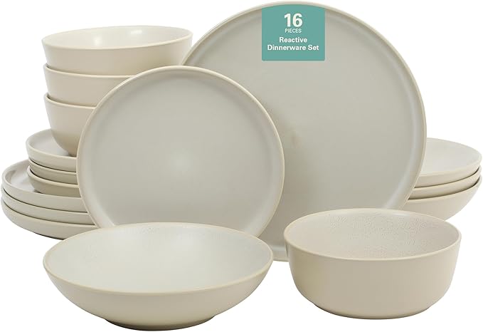 Gibson Elite Tribeca Loft 16-Piece Dinnerware Set – Matte Cream and White Reactive Glaze Stoneware, Double Bowl Round Plates and Bowls – Modern Neutral Tableware for 4, Dishwasher & Microwave Safe