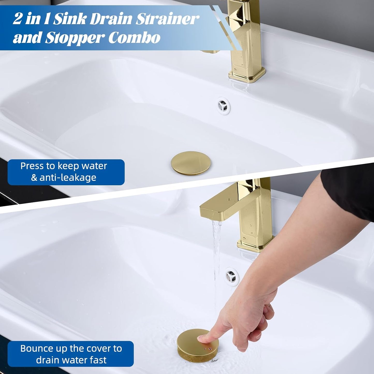 Hibbent All Metal 2 in 1 Bathroom Sink Stopper, Universal Pop Up Drain Strainer, Brass Bullet Core Push Type Sink Stopper for 1.1''~2.3'' Basin, Big Push Button, Anti Clogging Filter, Brushed Gold