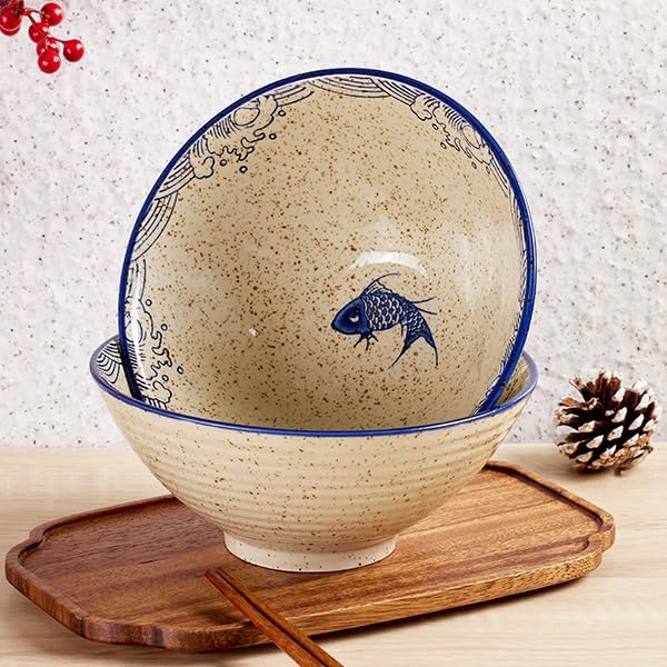 2 x 40 OZ ceramic ramen bowls, 8 IN large Japanese noodle soup bowl, match chopsticks and spoons, suitable for Pho, Udon Asian noodles (Japanese fish 2 set)
