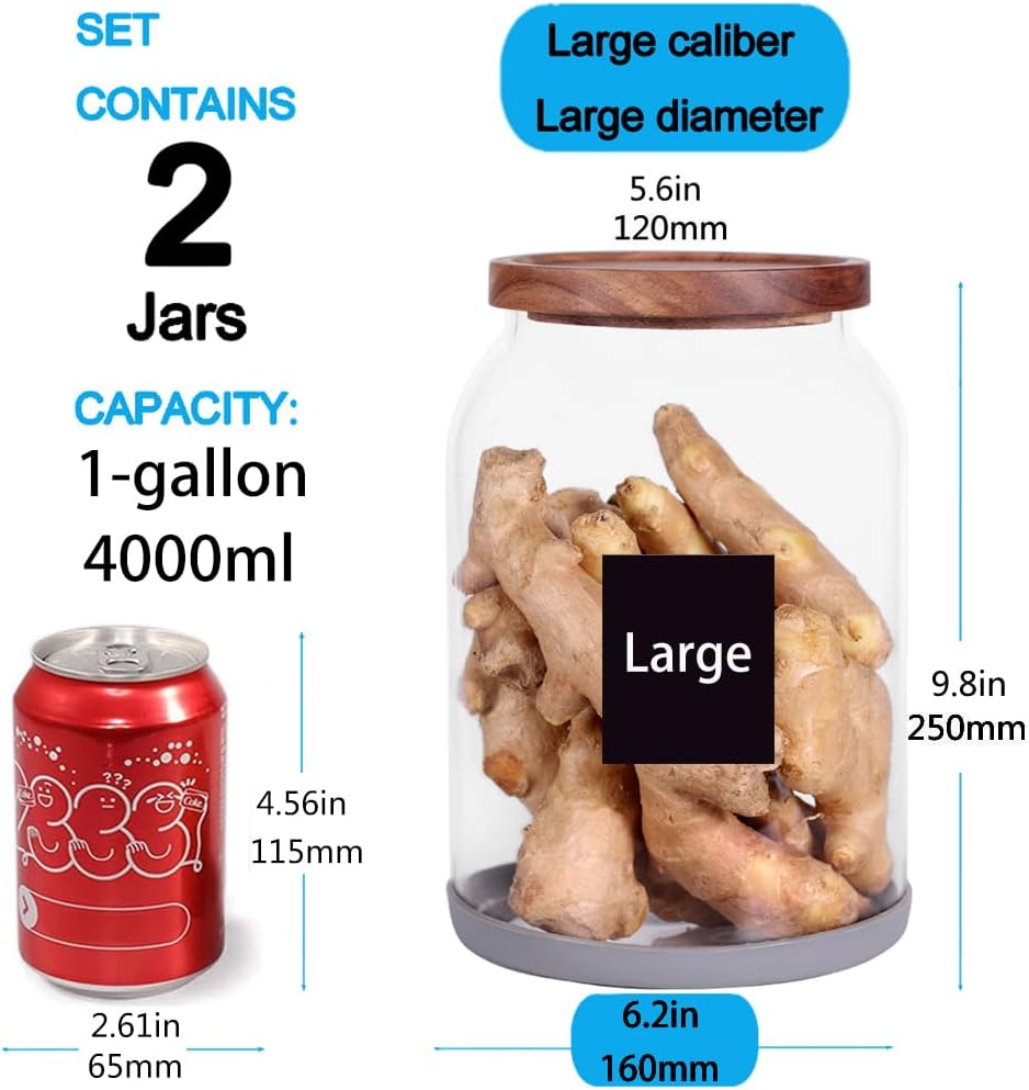 SAIOOL 1 Gallon Glass Jar with Wooden Acacia Airtight Lid,Large Glass Storage Jar set of 2, BPA-Free Cereal Dispenser Jars for flour,Spaghetti Pasta, Powder, Tea, Coffee