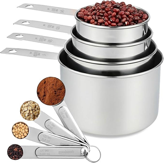 Stainless Steel Measuring Cups and Spoons Set, 8 Piece Essential Kitchen Tools, Measuring Kitchen Gadgets with Good Grips for Spice Jar, Liquid & Dry Ingredients, Pet Food, Coffee Scoop