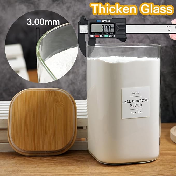 Large glass flour and sugar containers with 132 Kitchen Pantry Labels - 1 Gallon Glass Food Storage Containers with Airtight Lids - Square Glass Jars Rice with Bamboo Lids