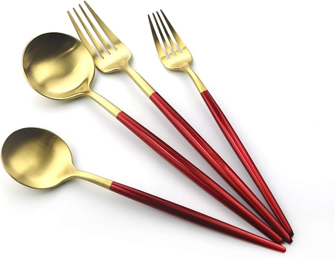 Gugrida 5 Pieces Matte Gold Red Handle 18/10 Stainless Steel Silverware Set, Flatware Set Cutlery Set, Utensils Set for Home Restaurant, Dishwasher Safe (Red Gold)
