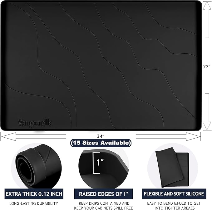 Heavy Duty Silicone Under Sink Mats for Kitchen Waterproof 19" x 19", Extra Thick Under Sink Rubber Mat Drip Tray, Raised Edge Under Sink Liner,Prevent Drips, Leaks, Spills,Black