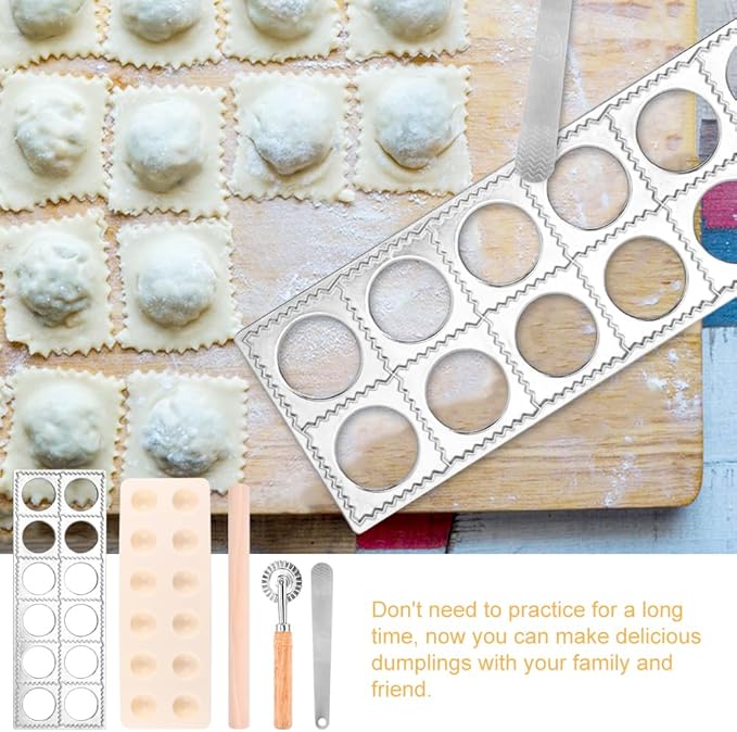 Ravioli Mold Set Include Ravioli Stamp Roller Wheel Wood Rolling Pin Pasta Making Tools Kit Pelmeni Mold Pierogi Press Maker Press Cutter, for home and restaurant