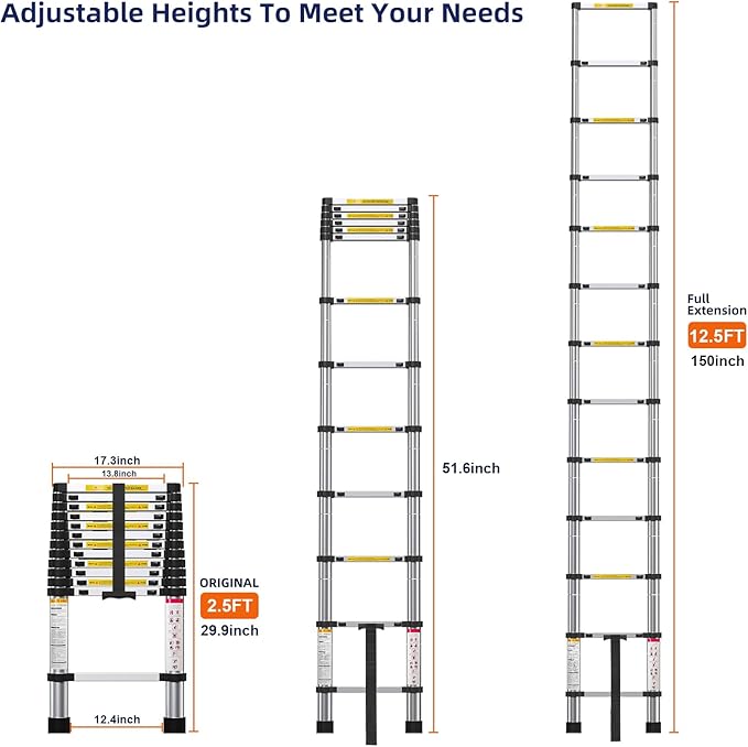 12.5FT Telescoping Ladder- Multi-Purpose Aluminum Extension Ladder Adjustable Compact Ladder for Household, RV, Outdoor, 330lbs Max Capacity…