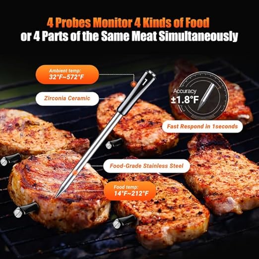 4-Probe WiFi Wireless Meat Thermometer with 360°Readable LCD Standalone Base, WiFi and Bluetooth 5.3 Unlimited Range, IPX8 Waterproof Food Kitchen Thermoemter for BBQ, Grill, Smoker, Oven, Rotisserie