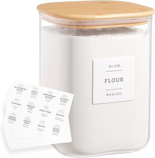 Large glass flour and sugar containers with 132 Kitchen Pantry Labels - 110 oz Glass Food Storage Containers with Airtight Lids - Square Glass Jars with Bamboo Lids for Rice, Pasta, Cookies, grain