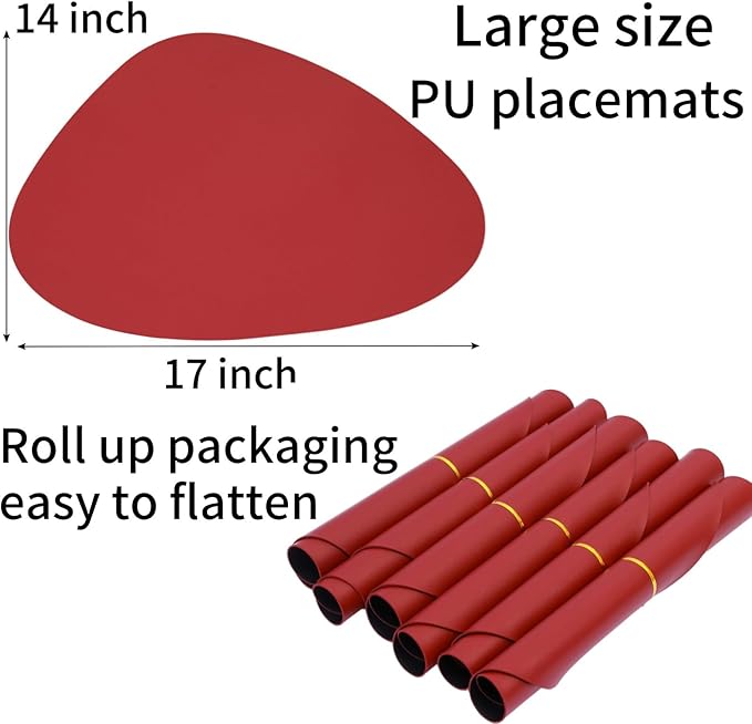 Faux Leather Placemats Set of 6 Wipeable,Round Reversible PU Placemat for Dining Table,Heat Resistant Waterproof Anti Slip Table Mats,Modern Table Protectors(Black and Red)