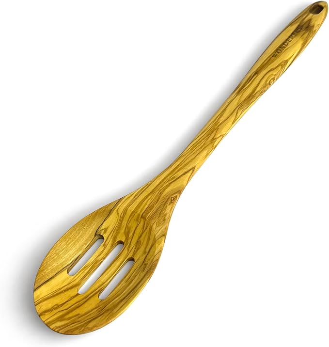 WONDERFUL 13.5 Inch Long Olive Wood Slotted Spoon, Wooden Spoons for Cooking, Healthy Stirring Serving Spoons, Mixing/Serving, Non-Stick